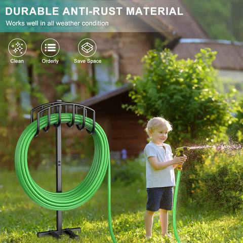 Detachable Metal Garden Hose Holder Stand with Upgraded Four Spike Design Heavy Duty Freestanding Hose Reel Rack holding green hose