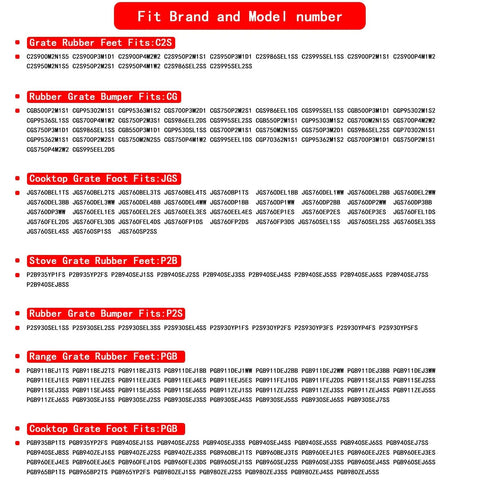 Compatibility list for 12 Pack Grate Rubber Feet Replacement For Gas Stove Tops with specific GE models and series numbers.
