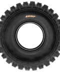 Front view of tire from Set Of 4 ATV UTV Knobby Sport Tires Front 21x7-10 Rear 20x11-9 6 Ply Tubeless A027 Built For Rugged Trails