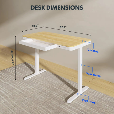 Electric Height Adjustable Standing Desk With USB Charging Port And Drawers, 48 Inch Maple Top White Frame, dimensions shown.