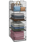 Stackable Closet Organizer Bins 4 Pack For Wardrobe And Laundry Room, Foldable Drawer Shelf Storage, with clothes, black metal