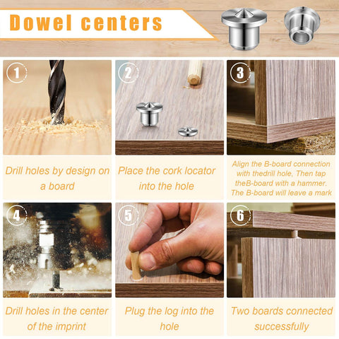 DIY Friendly 32 Piece Dowel Pin Center Point Kit For Woodworking showing steps for drilling and aligning wood boards