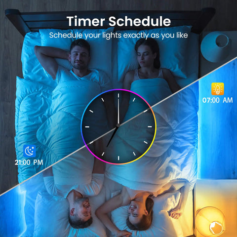Couple in bed with 100 Ft RGB LED Strip Lights With Remote And App Control For Bedroom TV And Kitchen Decor Bluetooth Music Sync.