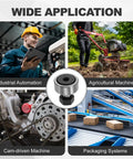Collage showing applications of Two Pack CF12-1 KR32 Needle Roller Bearing Set in industrial, agricultural, cam-driven, and packaging machinery.