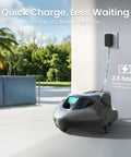 Seagull SE Cordless Robotic Pool Cleaner charging by a pool, LED indicator showing, ideal for flat pools up to 860 sq ft