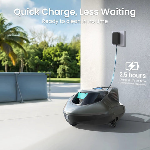 Seagull SE Cordless Robotic Pool Cleaner charging by a pool, LED indicator showing, ideal for flat pools up to 860 sq ft