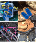 Waterproof Landscape Wire Connectors Kit, 45 Pieces, UL Listed, in use for outdoor lighting installation with blue connectors