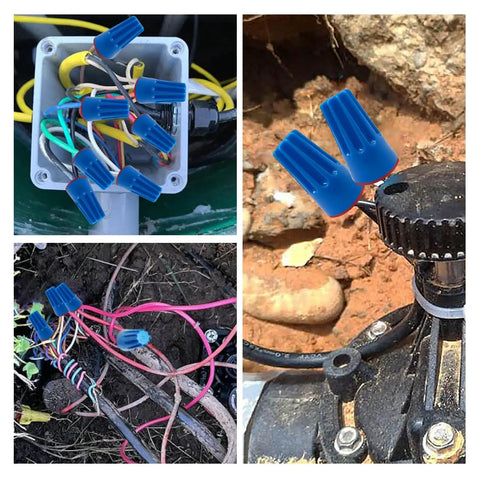 Waterproof Landscape Wire Connectors Kit, 45 Pieces, UL Listed, in use for outdoor lighting installation with blue connectors