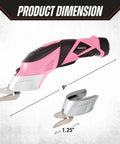 Handle Every Project Task Without Breaking A Sweat With These Cordless Electric Scissors Designed To Slice Through Fabric And Cardboard Featuring Dual Swappable Blades And An Ergonomic Grip In Pink, showing dimensions 9 inches for scissors and 1.25 inches for blade.