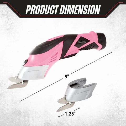 Handle Every Project Task Without Breaking A Sweat With These Cordless Electric Scissors Designed To Slice Through Fabric And Cardboard Featuring Dual Swappable Blades And An Ergonomic Grip In Pink, showing dimensions 9 inches for scissors and 1.25 inches for blade.
