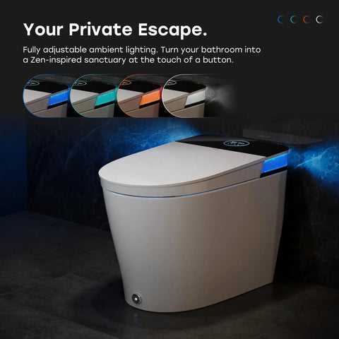 Sleek Sensor Activated Smart Toilet With Built In Bidet Pump And Self Cleaning Deodorizer Featuring Heated Seat And Smooth Flushing Action with ambient lighting.