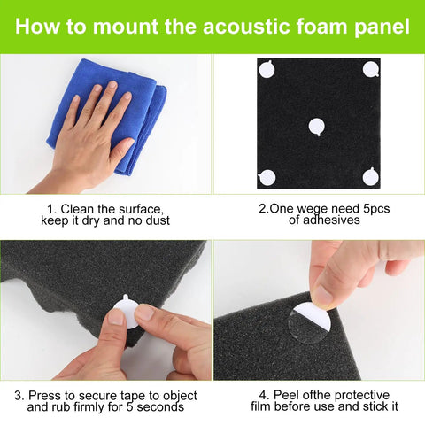 Step-by-step guide showing how to mount Pro Grade Dang Tough Grip Double Sided Acoustic Foam Tape 240 Heavy Duty Round Dots.