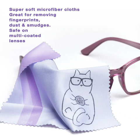 Front view microfiber cleaning cloth lavender with a cat wearing glasses design for eyeglasses and phones