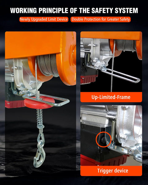 Electric hoist winch with orange housing, steel wire rope and hook; side view shows trigger device