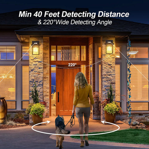 Upgraded Motion Sensor Outdoor Wall Light With Dusk To Dawn Auto Mode in use at house entrance with detecting distance