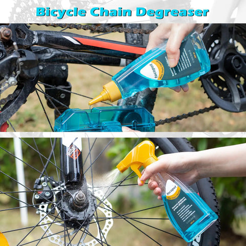 Applying Bike Chain Cleaner Kit With Bicycle Cleaner Degreaser Lubricant And 12 Piece Cleaning Set on bike chain and wheel.