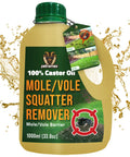 Castor Oil Mole And Vole Repellent For Lawns And Gardens, 33.8 Fl Oz bottle with splash effect, outdoor deterrent label.