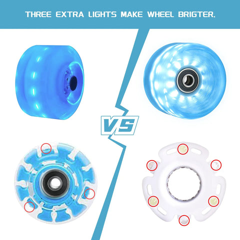 Comparison of lit up roller skate wheels with bright dots showing three extra lights against standard models, blue PU, ABEC 9 bearings.