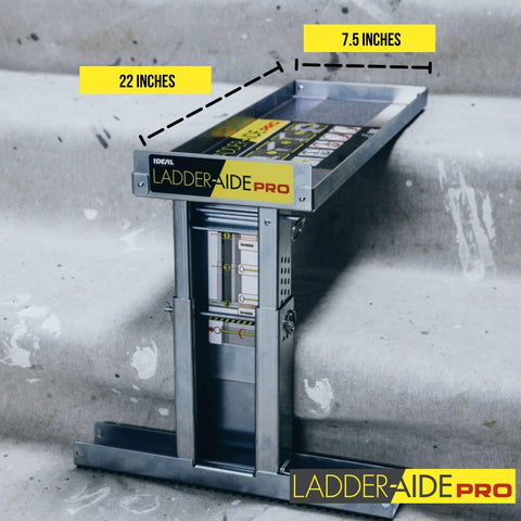 Ladder Aide Pro Foldable Ladder Leveler And Stabilizer on stairs showing measurements fit for 4.921 to 7.875 inches, OSHA ANSI rated.