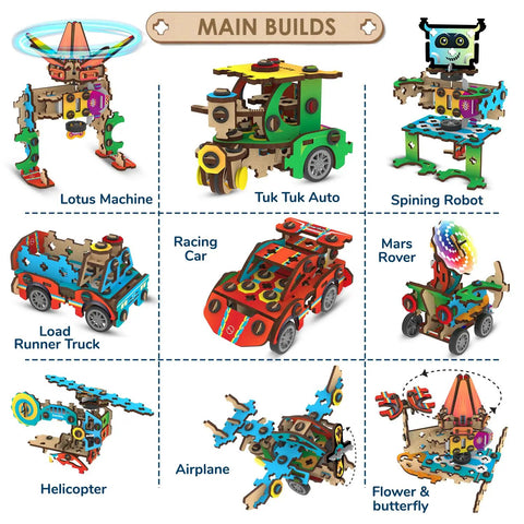 Spin N Go Twenty In One Mechanical Builder Kit For Kids Ages Six To Twelve With A Step By Step Guide Hands On STEM Fun Creative Toy Builds And Daily New Toy Projects For Boys And Girls, wooden parts displayed as 9 builds