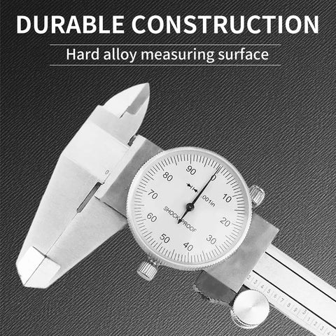 0-6 Inch Dial Caliper Measuring Tool In Imperial Stainless Steel With 4 Way Inside Outside Depth And Step Measurements, 0.001 Inch Precision