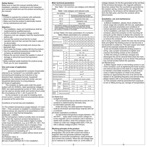 Technical manual pages detailing safety, installation, and technical parameters for Heavy Duty 110V AC 4 Pole Contactor with Four Normally Open Contacts.