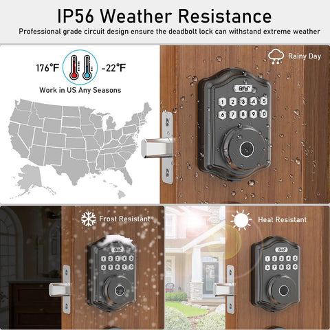 One Touch Fingerprint Keyless Entry Door Lock With Keypad Code And Back Up Key Smart Deadbolt For Home Security waterproof feature