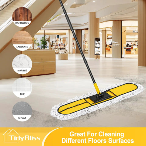 Pro Level Heavy Duty 36 Inch Commercial Dust Mop With Adjustable Telescoping Handle Industrial Janitor Broom on tiled floor.
