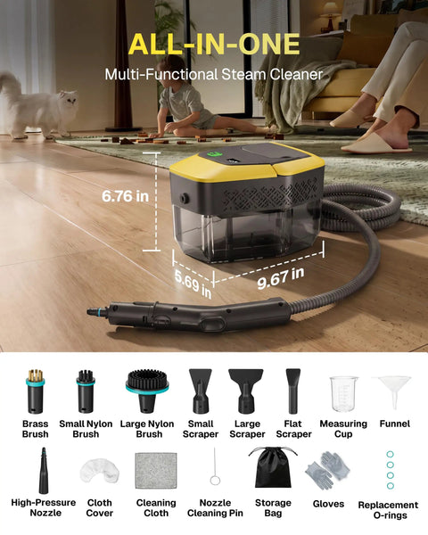 Behome Portable Steam Cleaner With 15 Second Quick Heat Up, 3-Level Adjustable Handle, And 1.9 Qt Large Tank on wooden floor with measuring tools.