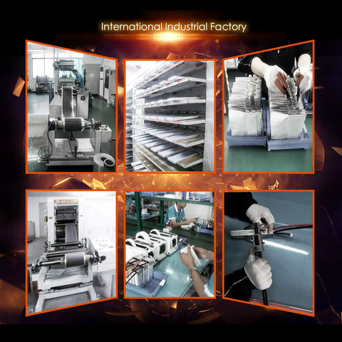 Interior of international industrial factory with battery production equipment and workers; automated assembly line.