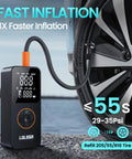 Cordless Tire Inflator Portable Air Compressor 150 PSI Fast Inflate For Cars Motorcycles Bicycles And Balls With Built In Pressure Gauge Dual Use Type next to car tire