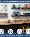 Two Pack Heavy Duty Garage Wall Shelves 24 By 12 Inches Black Steel Wall Mounted With Raised Edge Guard Rust Resistant And Tough Each Shelf Holds Up To 150 Lbs Ideal For Tools Cans Balls And Gear shown with garage tools