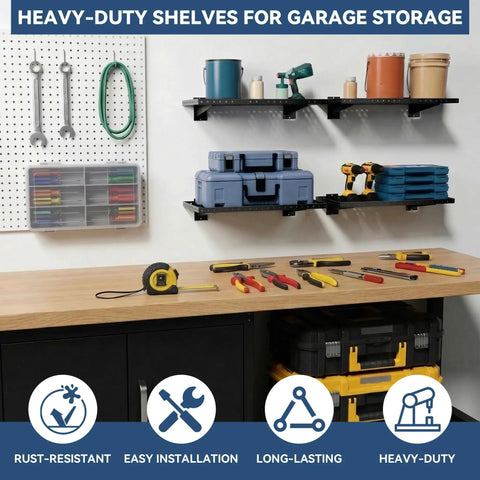 Two Pack Heavy Duty Garage Wall Shelves 24 By 12 Inches Black Steel Wall Mounted With Raised Edge Guard Rust Resistant And Tough Each Shelf Holds Up To 150 Lbs Ideal For Tools Cans Balls And Gear shown with garage tools