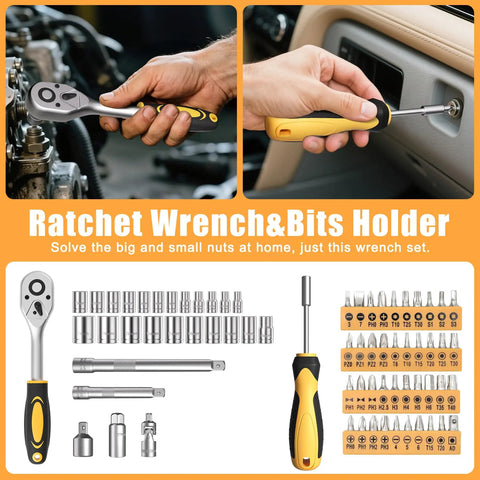 Ratchet wrench and bits holder from 328 Piece Tool Kit For Home And Auto Hand Repair Tool Set In A Sturdy Toolbox With Drawer