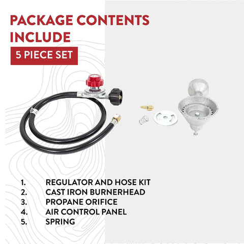 High Pressure Cast Iron Round Burner Head With Brass Fitting Regulator And Four Foot Hose Included Universal Replacement For Outdoor Grills Griddles And Propane Stoves Supports 0 To 20 Psi package with regulator, hose, and components