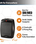 Compact Ceramic Space Heater CD09250 With Adjustable Thermostat For Tabletop Or Under Desk Use Quiet High Low And Fan Settings display