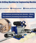HQHAOTWU industrial line boring machine with blue/gray body, 300 mm travel, 45–160 mm hole range and accessories.