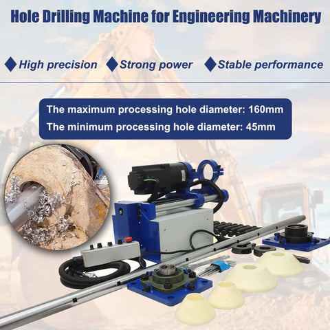 HQHAOTWU industrial line boring machine with blue/gray body, 300 mm travel, 45–160 mm hole range and accessories.