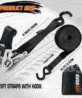 Black Ratchet Tie Down Straps Heavy Duty Towing Gear with hook, 1 inch wide, 15 feet long, shown with length and size details.