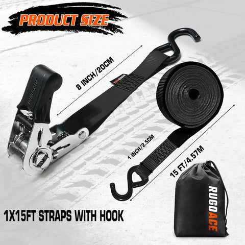 Black Ratchet Tie Down Straps Heavy Duty Towing Gear with hook, 1 inch wide, 15 feet long, shown with length and size details.