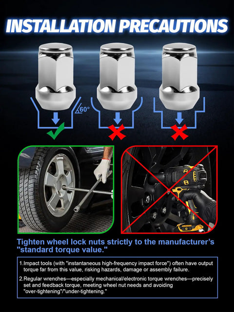 Installation precautions for Beefy Chrome Closed End Lug Nuts 24 Pieces 7/16-20 Wheel Nuts 60 Degree Seat 1.38 Inch Length