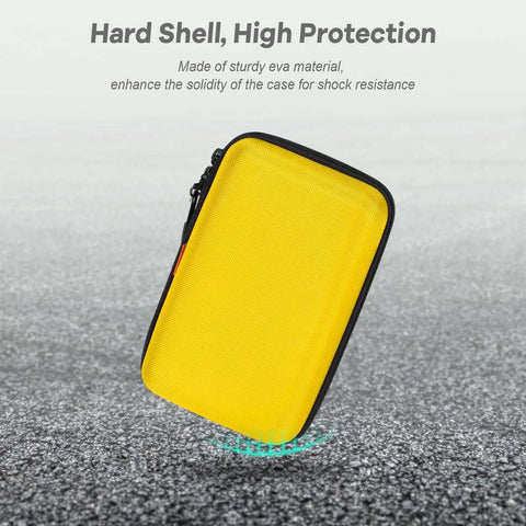 Beefy Bright Yellow Hard Shell Electronics Organizer Case With Carabiner Strap Go Anywhere No Fuss Storage Bag For Tech Gadgets And Daily Carry Essentials on a textured surface.