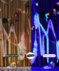Room decorated for Halloween with and without the 30W Black Light Bar With 30 LEDs Black Light Flood Light, showcasing glowing effects.