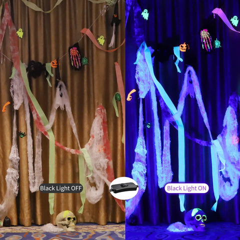 Room decorated for Halloween with and without the 30W Black Light Bar With 30 LEDs Black Light Flood Light, showcasing glowing effects.