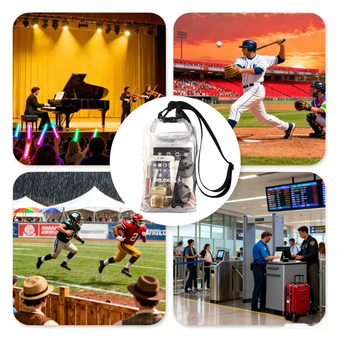 Clear Stadium Approved See Through Bag Pouch Water Resistant Crossbody Dry Bag with travel and sports event backgrounds