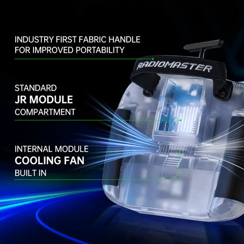 Boxer ELRS 2.4GHz 16 Channel Hall Gimbals Radio Controller with transparent white casing and cooling fan