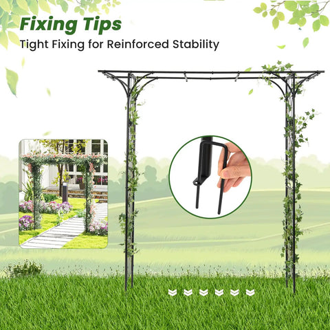 81 Inch Garden Arch Metal Arbor For Climbing Plants showing assembly tips and stability instructions