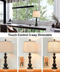 Get These Awesome 26 Inch Tall Rustic Black Farmhouse Table Lamps Set Of Two With Handy Usb Ports Perfect For Bedroom Living Room Study Office Adding Super Warm Cozy Vintage Charm To Your Home, shown in dimmable settings.