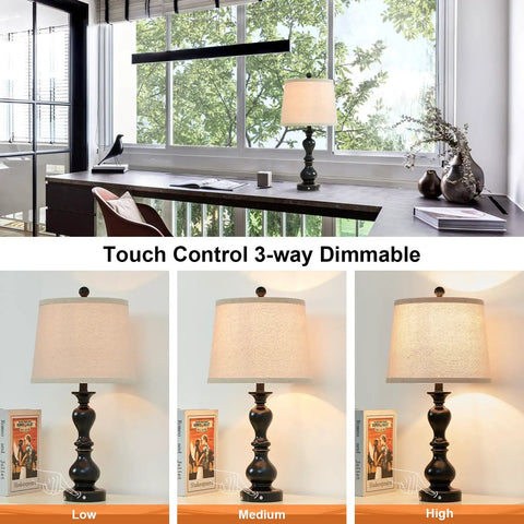 Get These Awesome 26 Inch Tall Rustic Black Farmhouse Table Lamps Set Of Two With Handy Usb Ports Perfect For Bedroom Living Room Study Office Adding Super Warm Cozy Vintage Charm To Your Home, shown in dimmable settings.