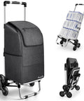 2 In 1 Aluminum Stair Climbing Cart With Foldable Frame And Waterproof Oxford Bag 300 Pounds Capacity with groceries and folded view
